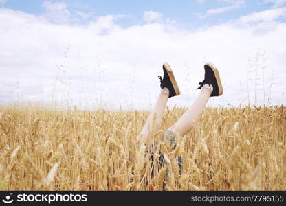 Child raised legs over a wheat field in a sunny day of summer