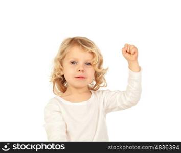 Child showing his strong bicep isolated on a white background