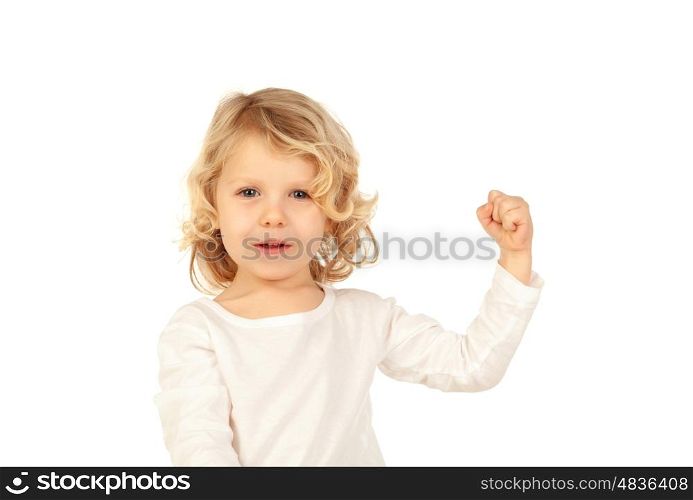 Child showing his strong bicep isolated on a white background