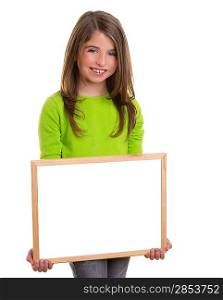 child smiling girl with blank white frame copy space white blackboard happy