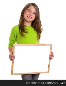 child smiling girl with blank white frame copy space white blackboard happy
