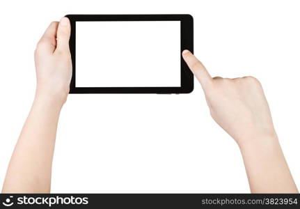 child using tablet pc with cut out screen isolated on white background