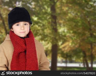 Child warm with hat and scarf in a park