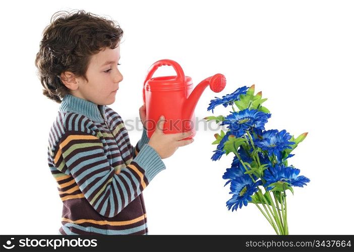 Child watering flowers a over white background