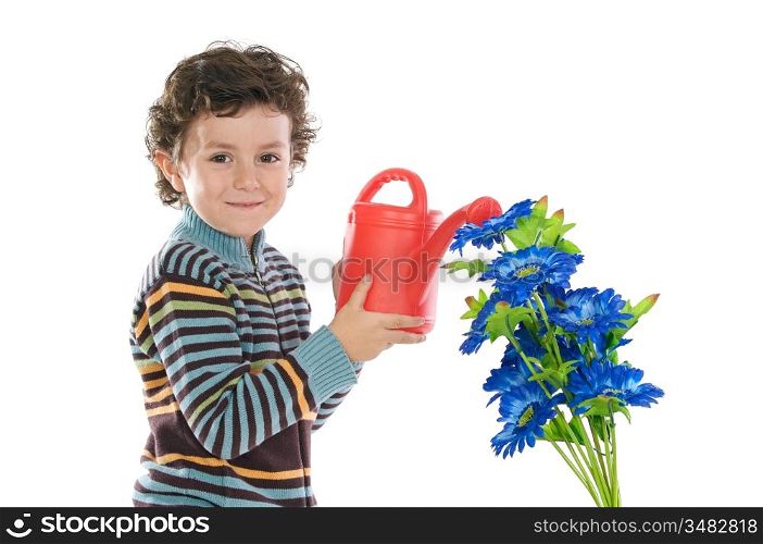 Child watering flowers a over white background