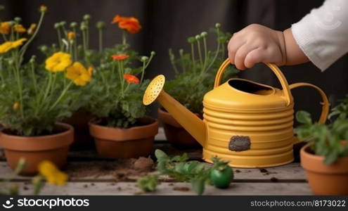child watering flowers with a watering can generative ai.