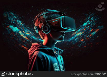 Child wearing VR glasses and wandering in the imagination. Ai generated.