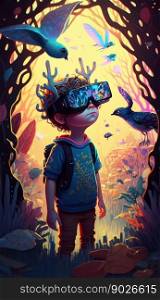 Child wearing VR glasses and wandering in the imagination. Ai generated.