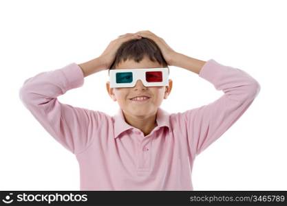 Child whit 3d glasses on a over white background