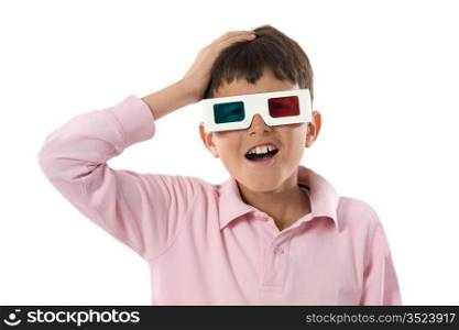 Child whit 3d glasses on a over white background