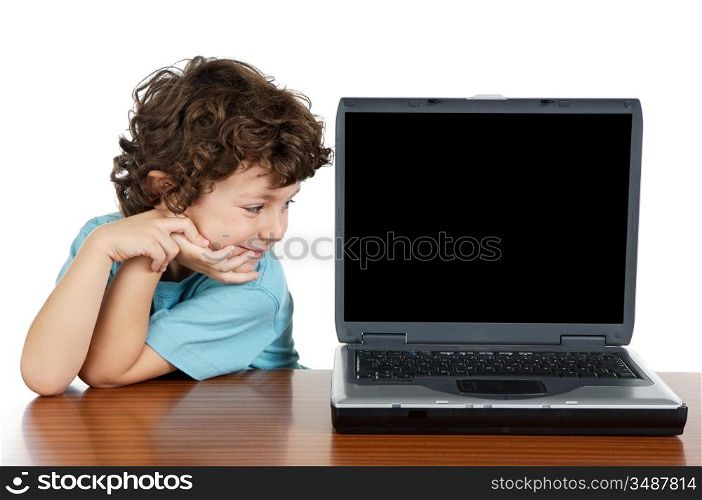 Child whit laptop a over white background