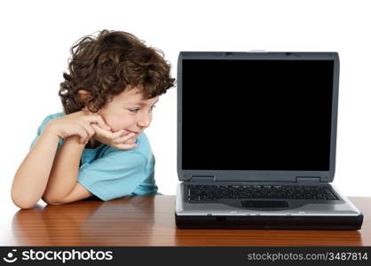 Child whit laptop a over white background