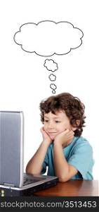 Child whit laptop a over white background