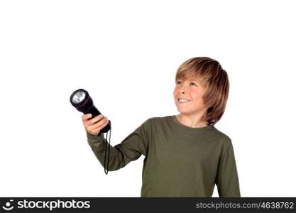 Child with a flashlight looking for something on white background
