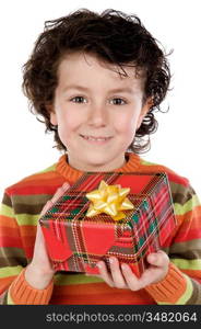 Child with a gift box a ver white background