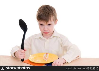 child with a large spoon isolated on white background