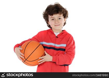 Child with basketball a over white background