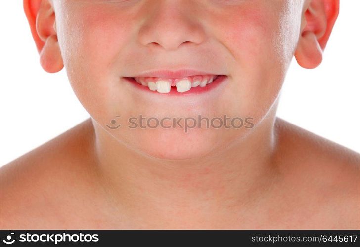 Child with big new teeth smiling isolated on a white background