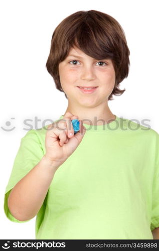 Child with blue pen writing on a white background