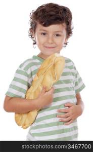 Child with bread under the arm a over white background