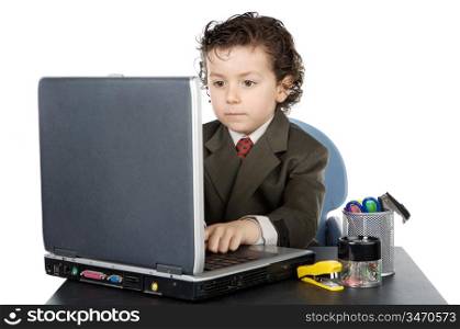 child with computer a over white background