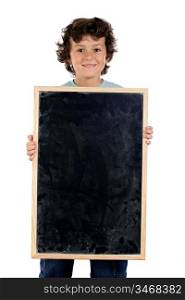 Child with empty slate to put words on a white background