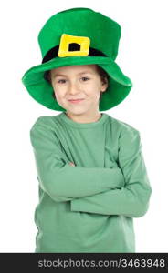 Child with green hat a over white background
