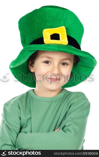 Child with green hat a over white background