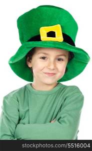 Child with green hat a over white background