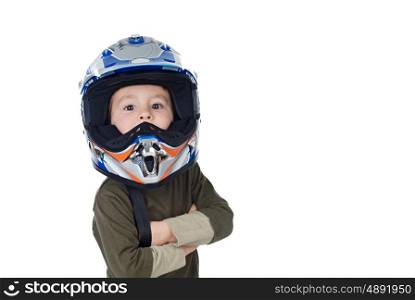 Child with motorcycle helmet looking at camera isolated on a white background