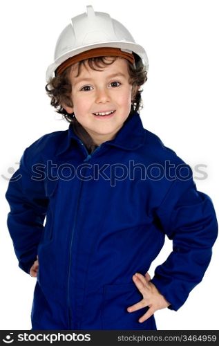 Child with work clothes and white helmet a over white background