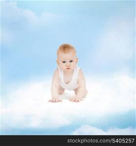 childhood and child care concept - smiling baby sitting on the cloud