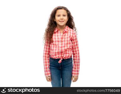 childhood and people concept - smiling little girl in casual clothes over white background. smiling little girl over white background