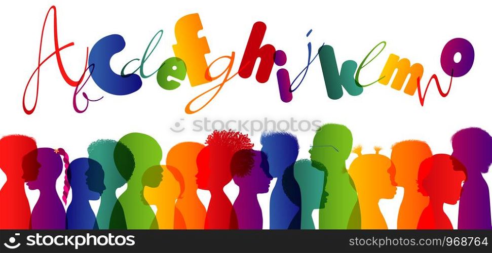 Childhood. Colorful kindergarten. Multi-ethnic children. Group different children profile rainbow colors isolated silhouette. Community of multiracial children. Friendship learning cultural education