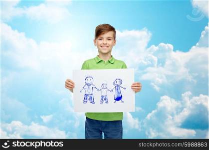 childhood, creativity, art and people concept - happy smiling boy holding drawing or picture of family over blue sky and clouds background