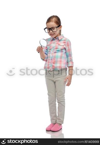 childhood, education, investigation, discovery and people concept - happy little girl in eyeglasses with magnifying glass