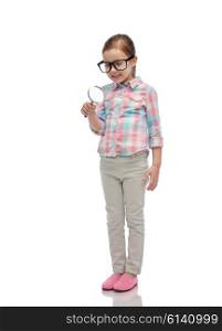 childhood, education, investigation, discovery and people concept - happy little girl in eyeglasses with magnifying glass