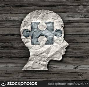 Childhood education or mental disorder in the brain of a child as epilepsy add or adhd or autism symbol as a crumpled paper with a puzzle piece shaped as the head of a kid in a 3D illustration style.