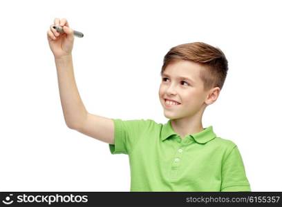 childhood, education, school and people concept - happy smiling boy in green polo t-shirt with marker writing something