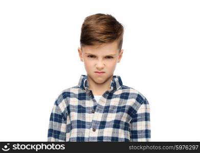 childhood, emotion, anger, hate and people concept - angry boy in checkered shirt