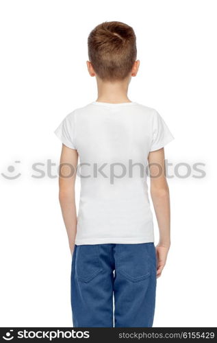 childhood, fashion, advertisement and people concept - boy in white t-shirt and jeans