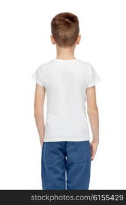 childhood, fashion, advertisement and people concept - boy in white t-shirt and jeans