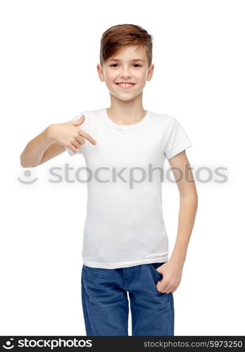 childhood, fashion, advertisement and people concept - happy boy in white t-shirt and jeans pointing finger to himself