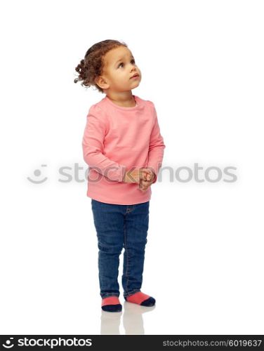 childhood, fashion, clothing and people concept - beautiful african american little baby girl portrait
