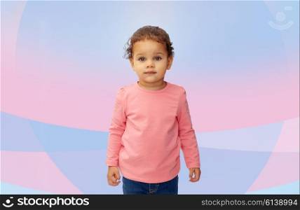 childhood, fashion, clothing and people concept - beautiful little african american baby girl portrait over pink and violet background