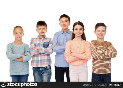 childhood, fashion, friendship and people concept - happy smiling children