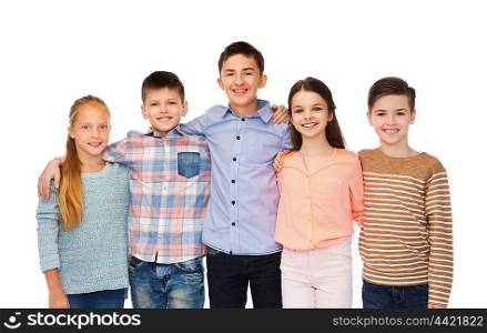 childhood, fashion, friendship and people concept - happy smiling children hugging