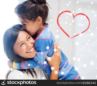 childhood, happiness, family and people concept - smiling little girl and mother hugging indoors