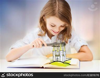 childhood, imagination and people concept - little girl with magnifier reading fairytale book and looking at castle over rose quartz and serenity gradient background. girl with magnifier reading fairytale book