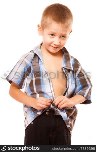 Childhood independence concept ,little boy buttoning on shirt, fastening his buttons , isolated on white background